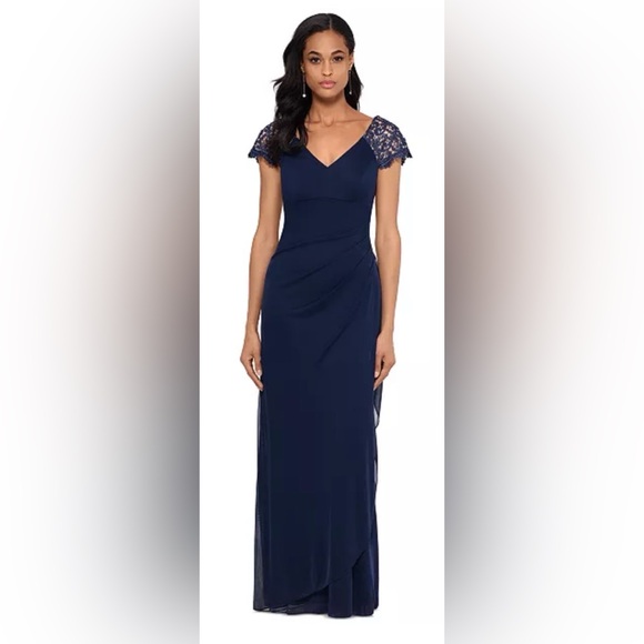 Xscape Asymmetrical Navy Dress. 20W - Picture 2 of 7